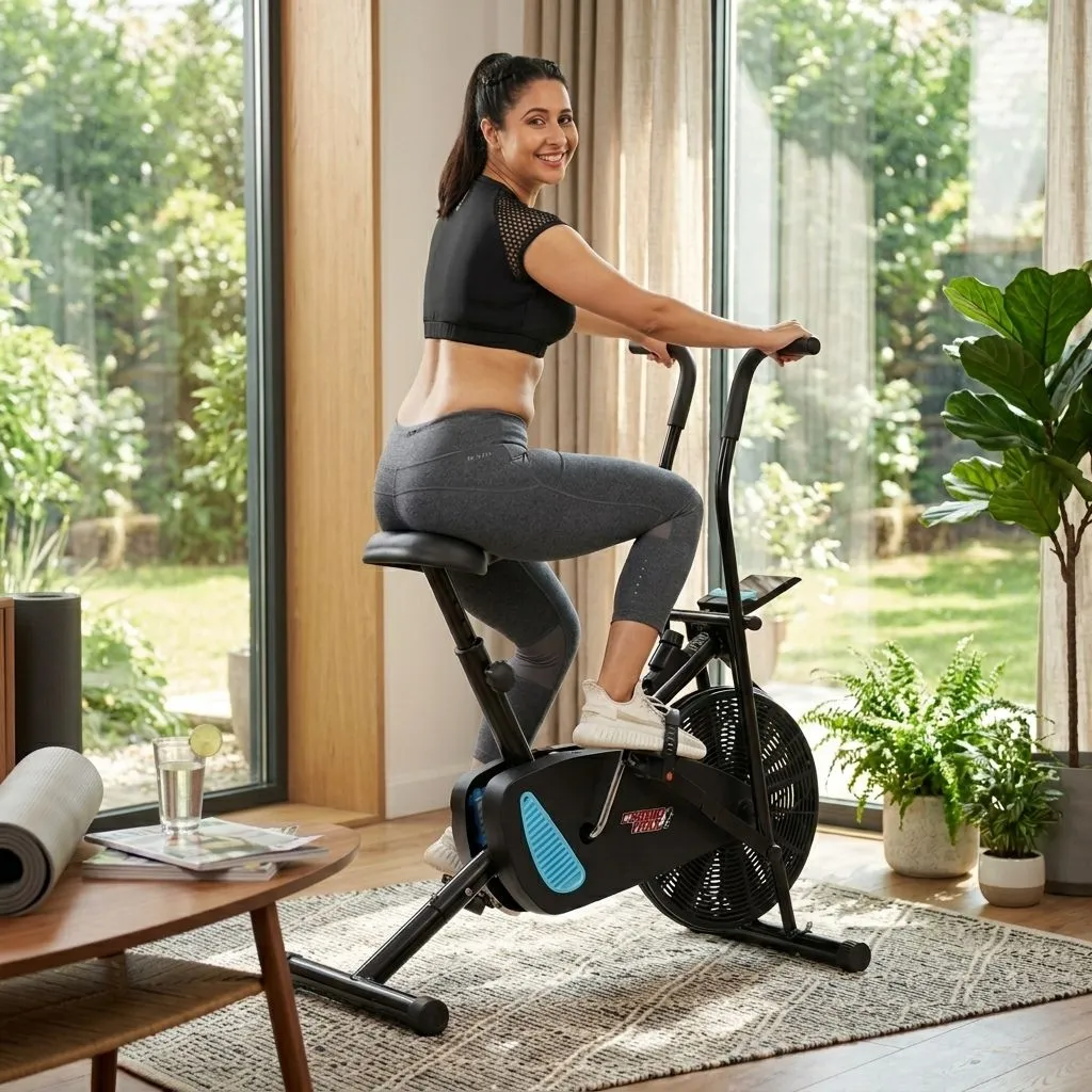 Exercise bike and gym weights for home cardio and strength training